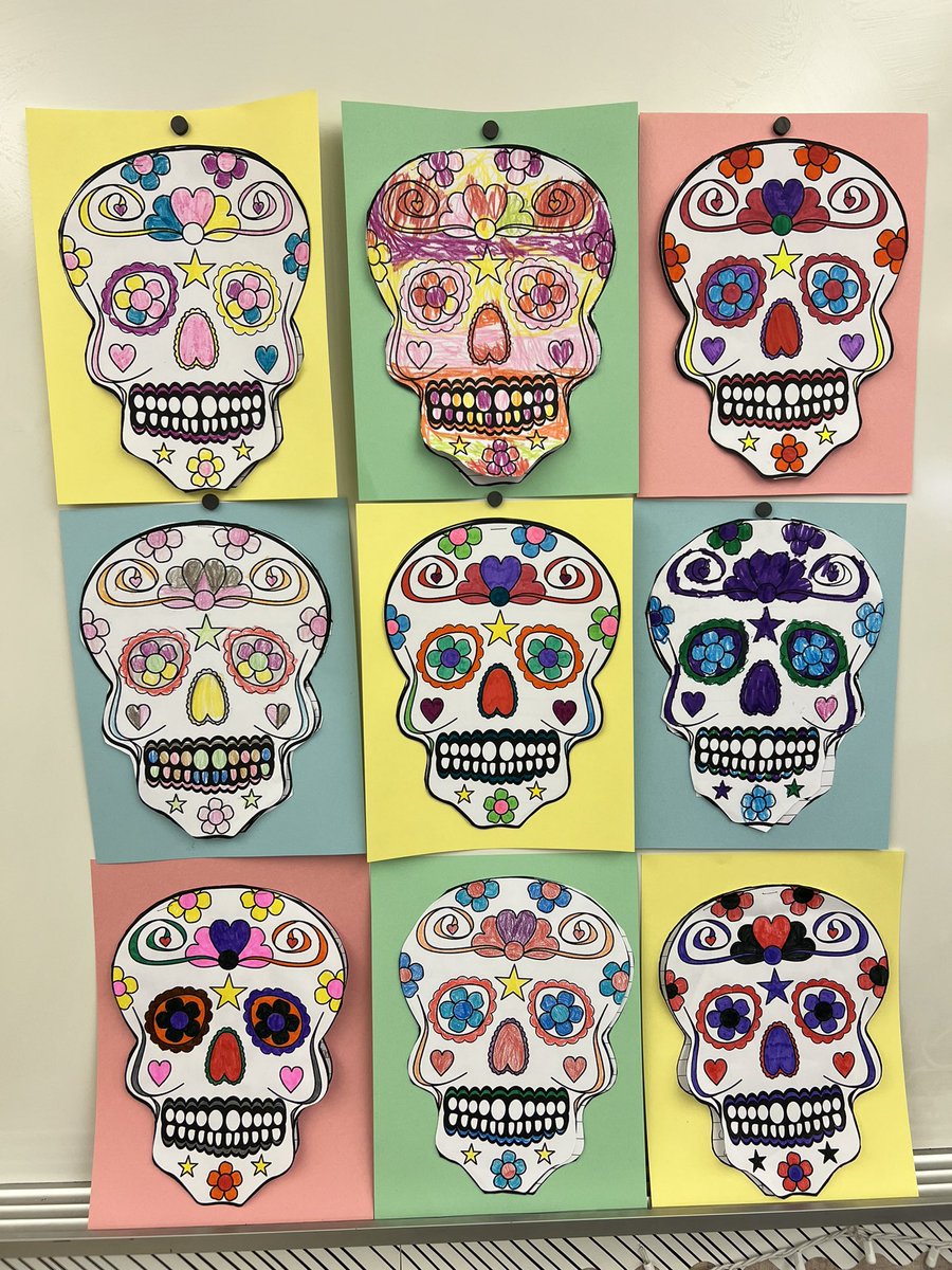 ClassWithMissK's tweet image. Today we learned about Dia de los Muertos! Students created a sugar skull and included facts about the celebration underneath. 💀