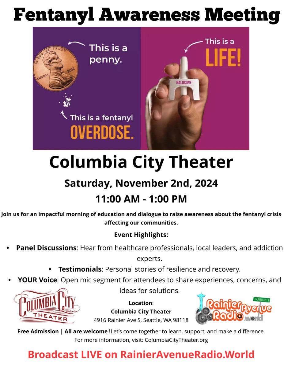 Please join us for this Saturday’s South Seattle meeting..."Fentanyl Awareness".  We are excited about providing credible, and culturally responsive information about fentanyl, naloxone, and overdose prevention. 
Join Zoom Meeting
us02web.zoom.us/j/4585884350?p…
