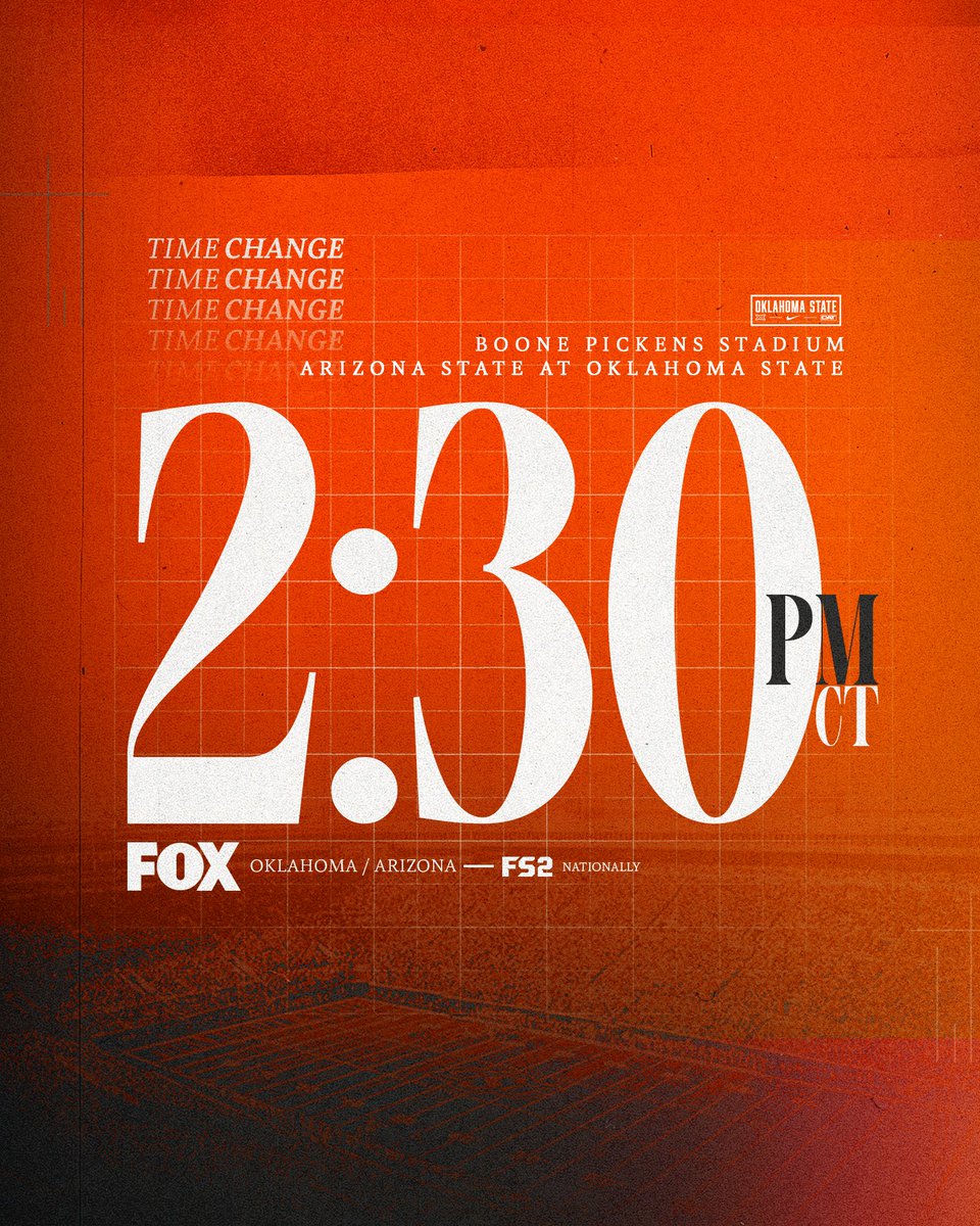 OSUAthletics's tweet photo. Due to forecast inclement weather, Arizona State-Oklahoma State football start time changed to 2:30 p.m.

🔗: https://t.co/ophAzFNFER https://t.co/S3wWJiS2EK