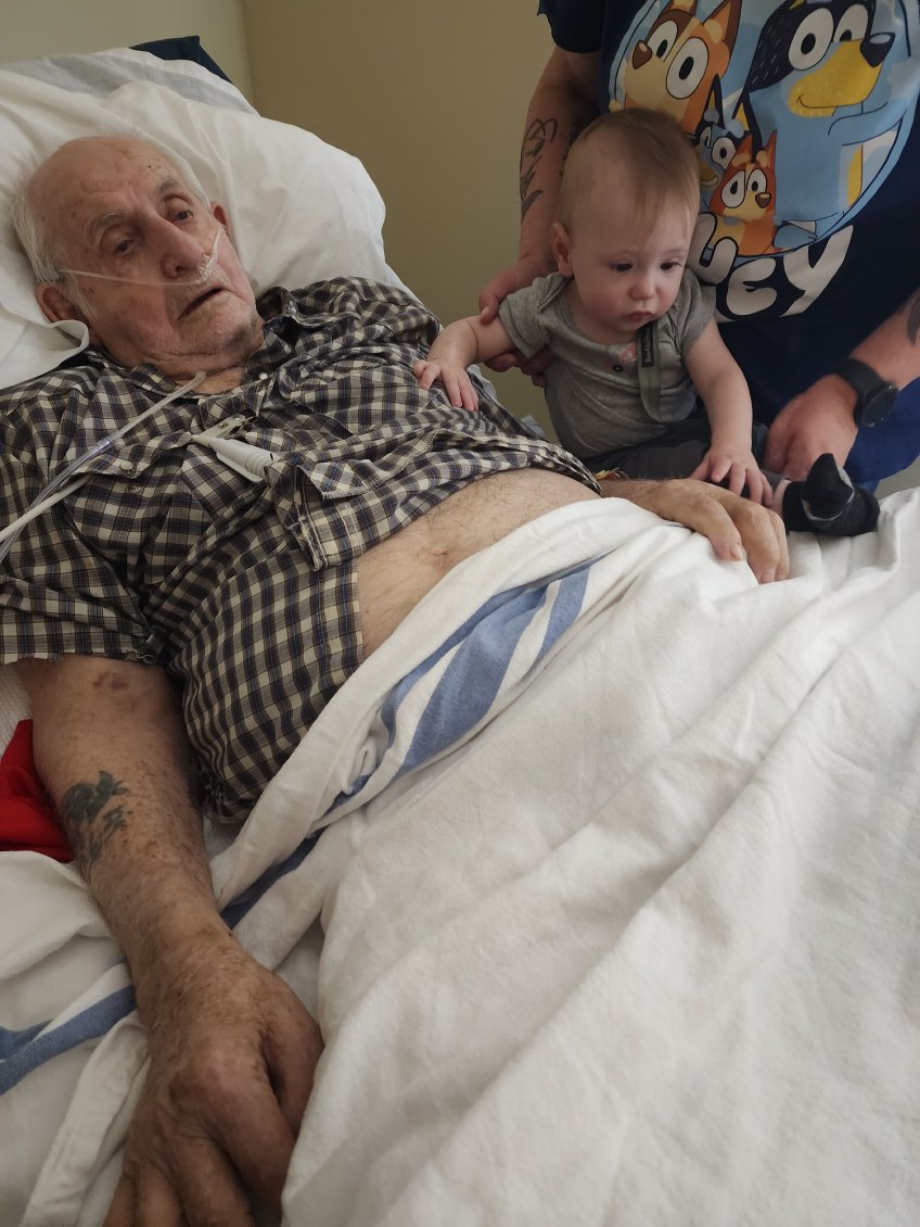 The oldest member of my family and the youngest. Grandpa is close now, just waiting for the phone call that he is gone. At least he got to meet his great great grandson last Saturday, even if he doesn't remember us being there now.