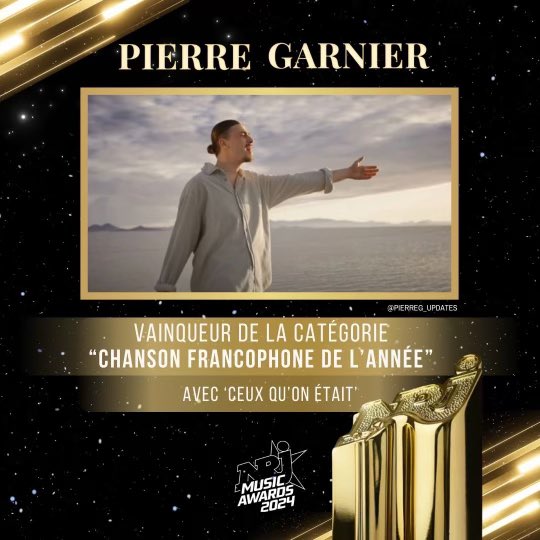 PierreG_Updates's tweet photo. 🏆| PIERRE REMPORTE LE NRJ MUSIC AWARD DE LA ‘CHANSON FRANCOPHONE DE L’ANNÉE’ AVEC ‘CEUX QU’ON ÉTAIT’ !!!✨

Un titre qui l’a propulsé au sommet et a défié tous les records ! Il mérite cette victoire 🔥 

Tellement de fierté 🥹💙

#PierreGarnier https://t.co/3hiGCsHKGm