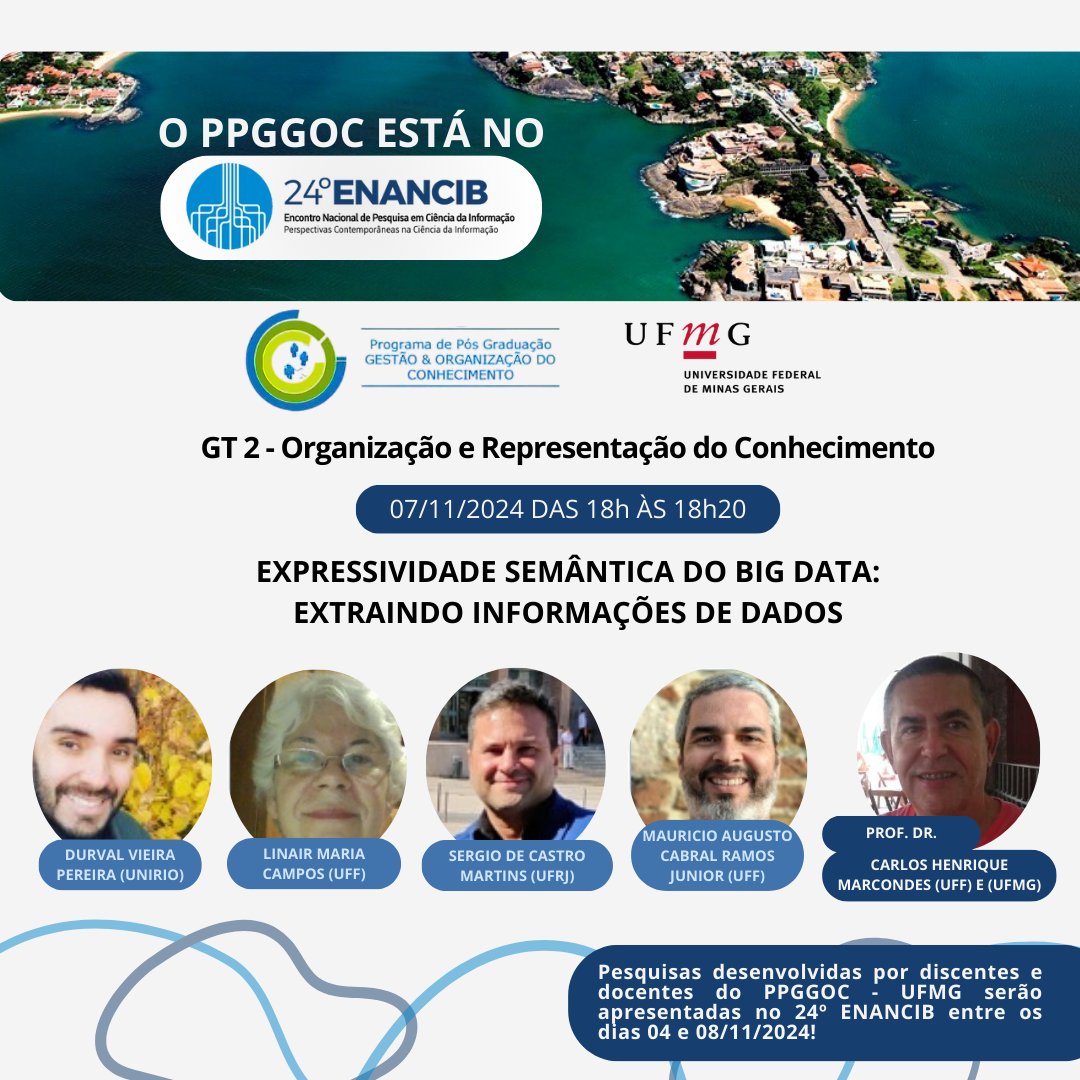 Os docentes e discentes do PPGGOC UFMG estarão no XXIV Encontro Nacional de Pesquisa em Ciência da Informação (ENANCIB), em Vitória-ES (04 e 08 de novembro), apresentando os resultados de suas pesquisas. Site: ancib.org/sites/enancib2…
<a href="/enancib2024/">enancib2024</a>