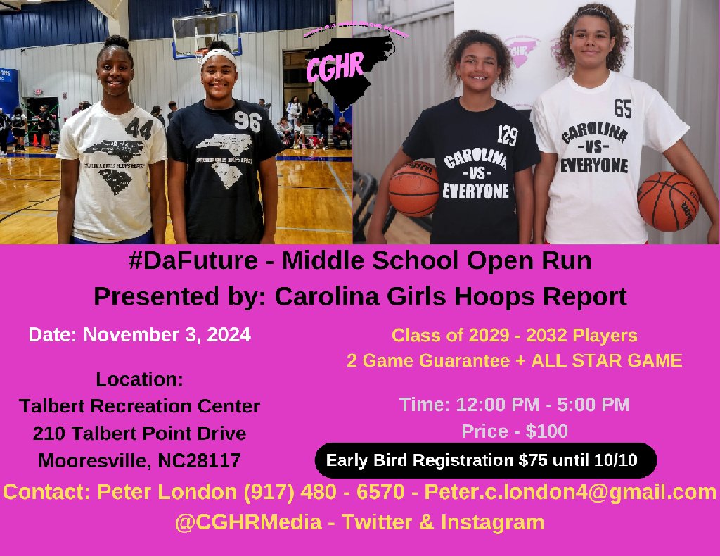 CghrMedia's tweet photo. 🏀 #CGHRMedia

#DaFutureMSOpenRun

📍 - Mooresville, NC

📆 - November 3

⏰️ - 12:00 PM - 5:00 PM

Welcome @TeamF_L_Y  - 2034 - Guard - Avriana Patterson - To DaFuture Middle School Open Run 

Join Her:
@CltDreamElite
@cltldymon_inc

Registration Link:
https://t.co/LwFhsqazJc https://t.co/5Z81Bxt6qG