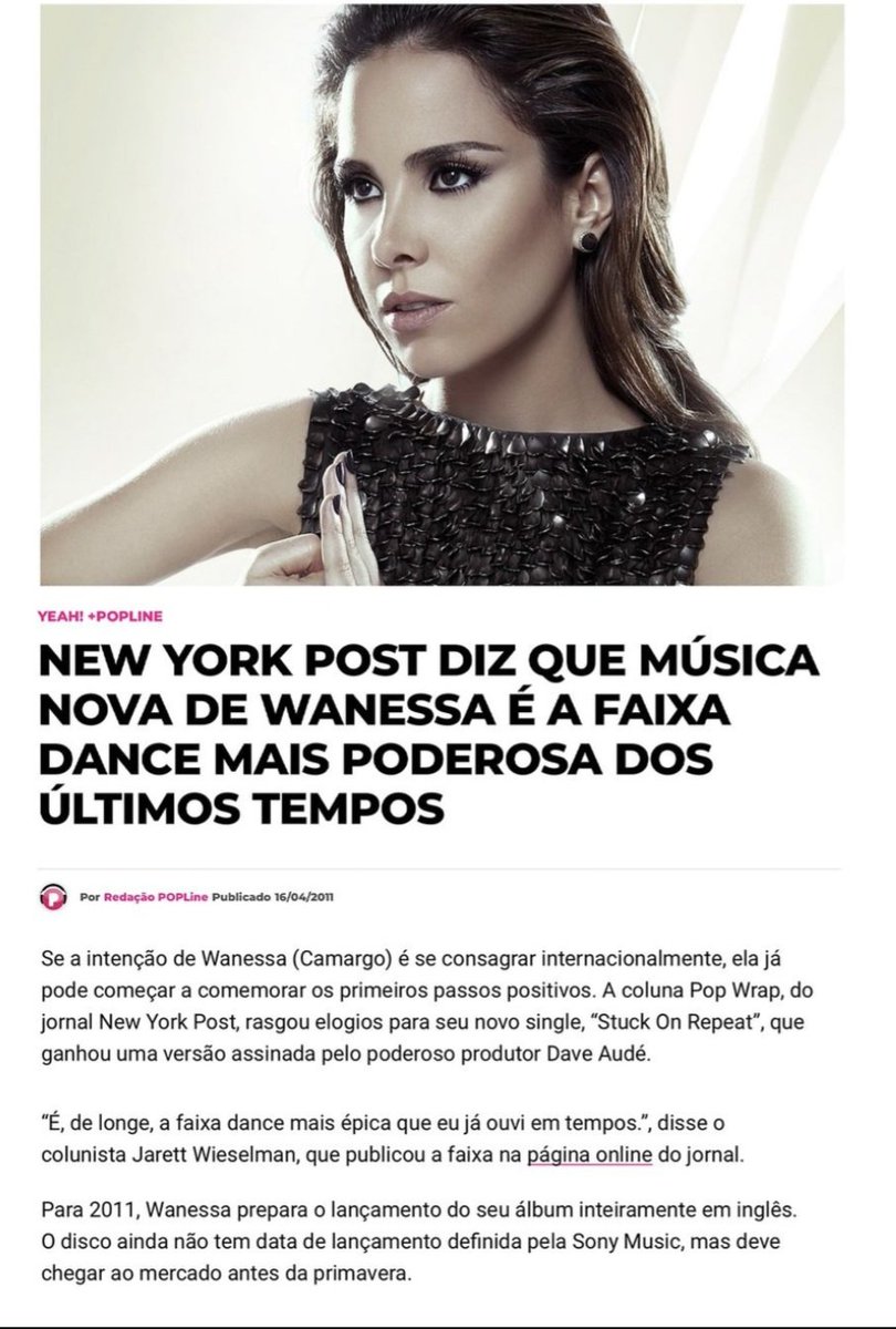 E quando a música "Stuck On Repeat" da Wanessa foi eleita pelo New York Post como "a faixa dance mais poderosa dos últimos tempos" em 2011... A MAIOR 🩷