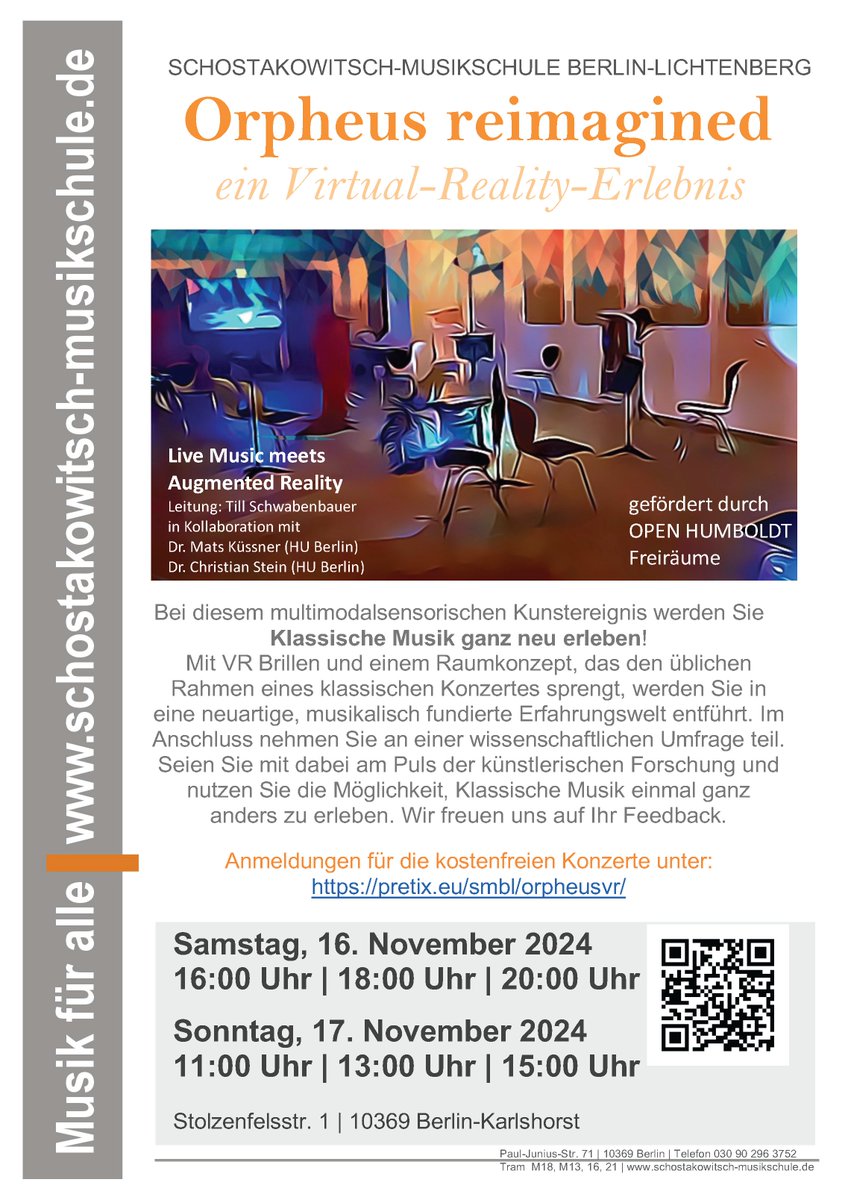 Mats Küssner (@matskussner) on Twitter photo Am 16./17. Nov startet unsere Konzertreihe "Orpheus reimagined" - ein Virtual-Reality-Erlebnis, gefördert durch die <a href="/BerlinUAlliance/">Berlin University Alliance</a> als Open Humboldt Freiräume-Projekt der <a href="/HumboldtUni/">Humboldt-Universität zu Berlin</a>
Freikarten gibt es hier: pretix.eu/smbl/orpheusvr/ Am 16./17. Nov startet unsere Konzertreihe "Orpheus reimagined" - ein Virtual-Reality-Erlebnis, gefördert durch die <a href="/BerlinUAlliance/">Berlin University Alliance</a> als Open Humboldt Freiräume-Projekt der <a href="/HumboldtUni/">Humboldt-Universität zu Berlin</a>
Freikarten gibt es hier: pretix.eu/smbl/orpheusvr/