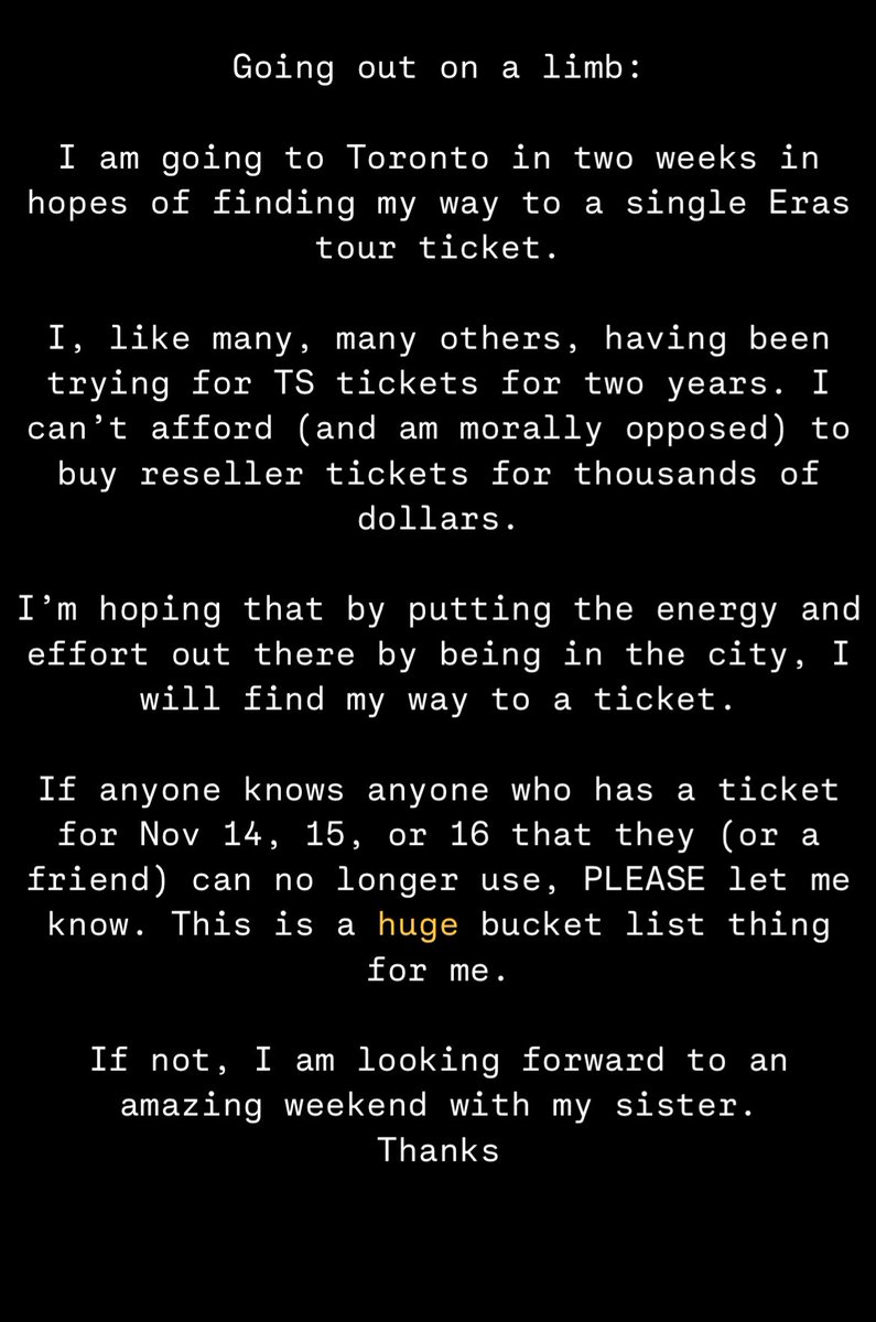 Help a millennial Swiftie out? I don’t have a cute “I want this so badly so my kid can have a special birthday” story. I’m just an OG fan who has never been to a show and is dying to go…flying across the country on a hope!  <a href="/taylornation13/">Taylor Nation</a> <a href="/taylorswift13/">Taylor Swift</a> <a href="/erastourticketz/">erastourticketz ❤️‍🔥</a>