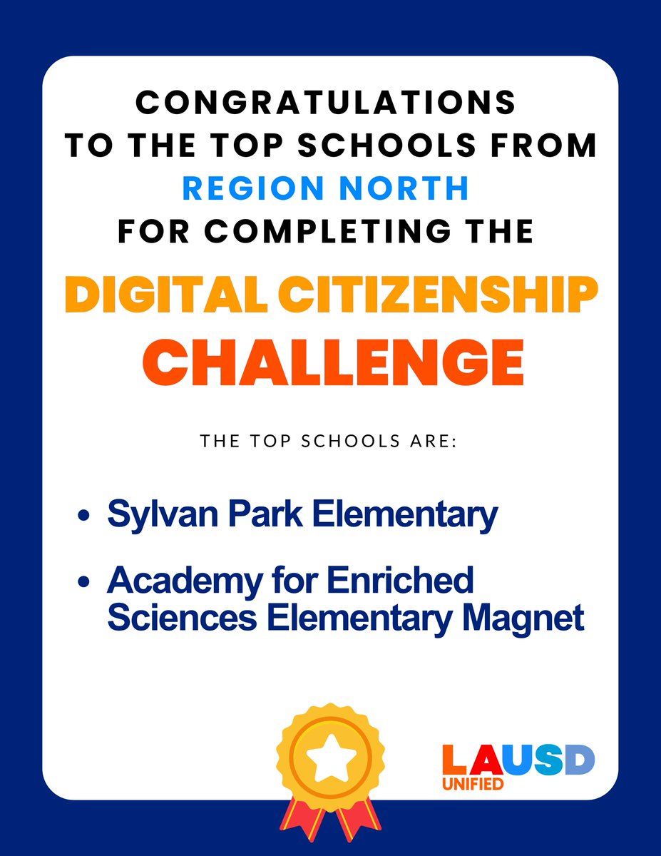 Instructional Technology Initiative (@iti_lausd) on Twitter photo CONGRATULATIONS <a href="/LASchoolsNorth/">LAUSD Region North</a>!
Celebrating the top schools in Region North for their incredible dedication in the Digital Citizenship Challenge! Each has achieved a 90%+ completion rate of lessons and the Responsible Use Policy!
#DigCitLA #TeachDigCitInLAUSD #BeyondLimits CONGRATULATIONS <a href="/LASchoolsNorth/">LAUSD Region North</a>!
Celebrating the top schools in Region North for their incredible dedication in the Digital Citizenship Challenge! Each has achieved a 90%+ completion rate of lessons and the Responsible Use Policy!
#DigCitLA #TeachDigCitInLAUSD #BeyondLimits