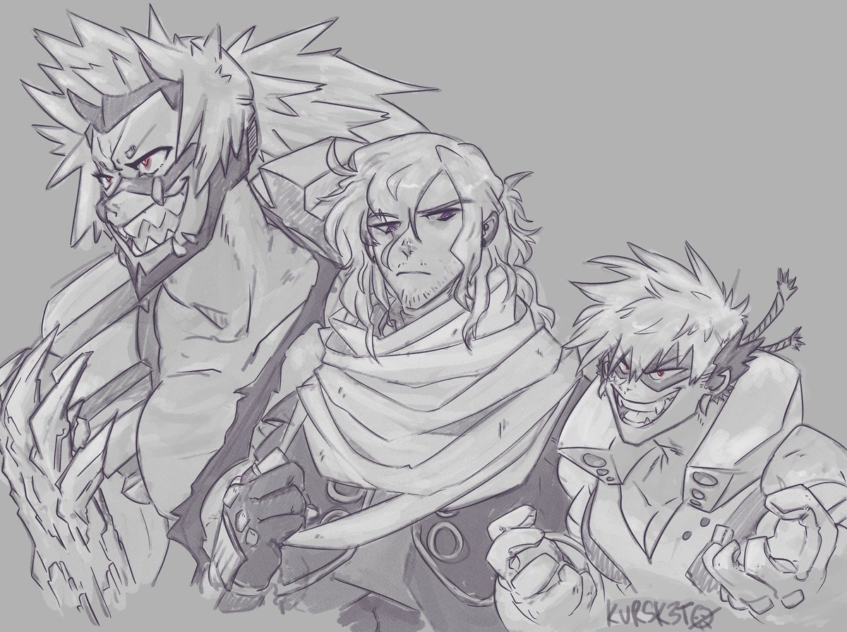 kursket's tweet photo. #kirishima #shinso #Bakugou  as pro heroes.  I love the Aizawa hair Shinso is sporting. https://t.co/u2pEq6TJEo