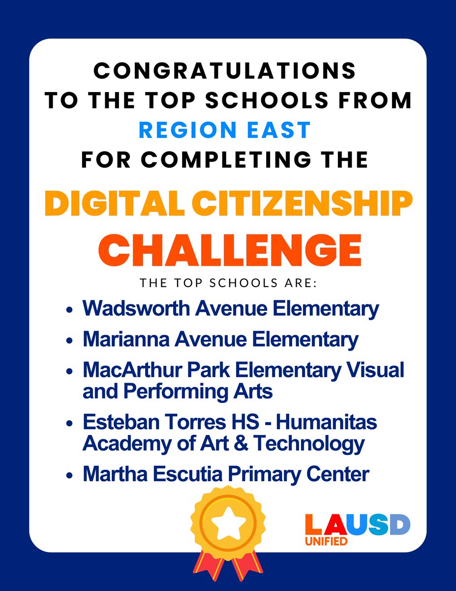 Instructional Technology Initiative (@iti_lausd) on Twitter photo CONGRATULATIONS <a href="/LASchoolsEast/">LAUSD Region East</a>!
Celebrating the top schools in Region East for their incredible dedication in the Digital Citizenship Challenge! Each has achieved a 90%+ completion rate of lessons and the Responsible Use Policy!
#DigCitLA #TeachDigCitInLAUSD #BeyondLimits CONGRATULATIONS <a href="/LASchoolsEast/">LAUSD Region East</a>!
Celebrating the top schools in Region East for their incredible dedication in the Digital Citizenship Challenge! Each has achieved a 90%+ completion rate of lessons and the Responsible Use Policy!
#DigCitLA #TeachDigCitInLAUSD #BeyondLimits