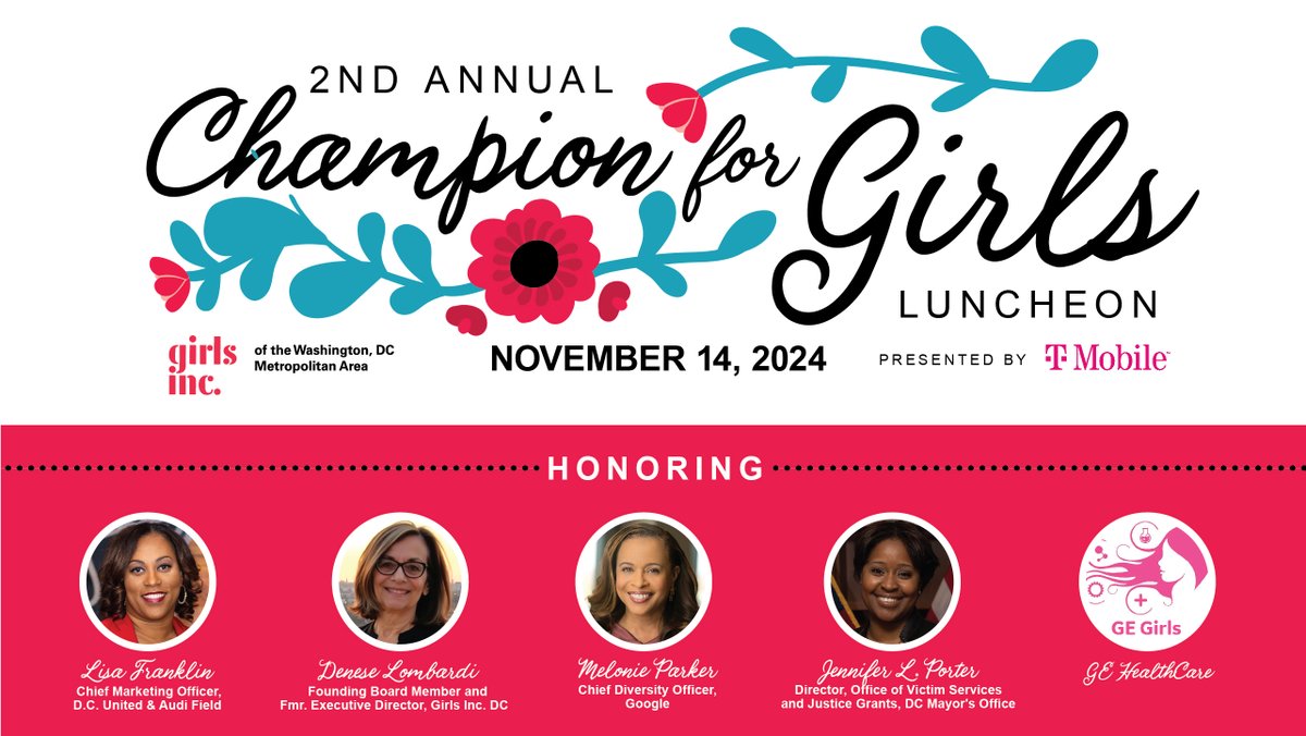 GirlsIncDC's tweet photo. Thrilled to announce “Champion for Girls” Luncheon honorees! 🌟@GEHealthCare
🌟 Lisa Franklin 🌟 Denese Lombardi 🌟Melonie Parker 🌟@now_Jenn 🌟 https://t.co/jRvowu9bjl