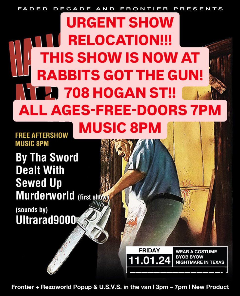 URGENT!! Tonight’s show moved to Rabbits Got The Gun!! Same deal, new space!! See you there.