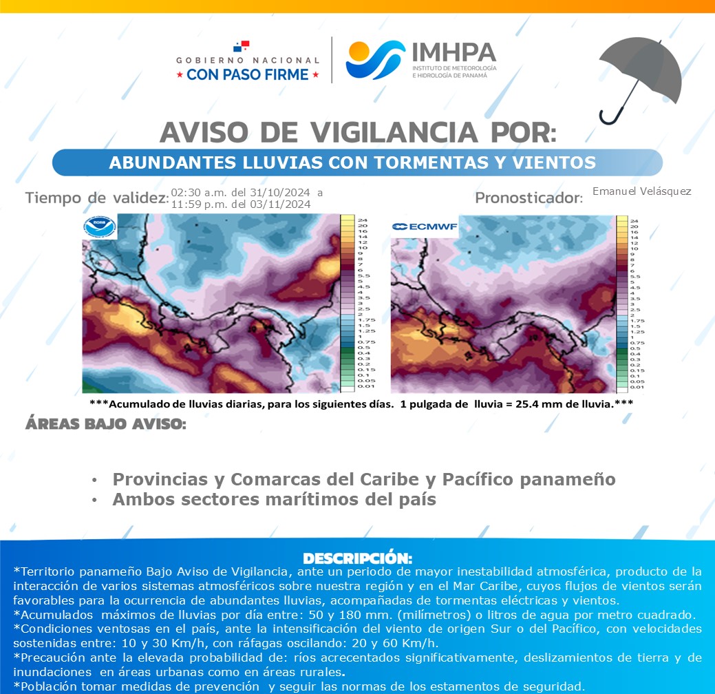 ⚠️Por el momento están vigentes dos Avisos de Vigilancia, los cuales notifican las condiciones a las que estaremos percibiendo los panameños por los efectos colaterales que el Disturbio Tropical genera en el país. Precaución.🌧️⛈️⚠️ <a href="/VOSTpanama/">VOST Panamá</a> <a href="/EmergenciaPty/">Emergencia Digital Panamá</a> <a href="/UniEmergPma/">UnidEmergPMA</a> <a href="/BCBRP/">Bomberos De Panamá</a>