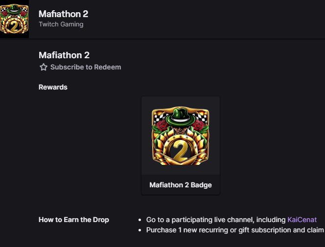 Kaimafiaupdates's tweet photo. Twitch has released a new custom Badge for Kai Cenat Mafiathon 2 which can be redeemed by subscribing or gifting a subscription during the stream 🔥🤯 https://t.co/Svqk2mhxvY