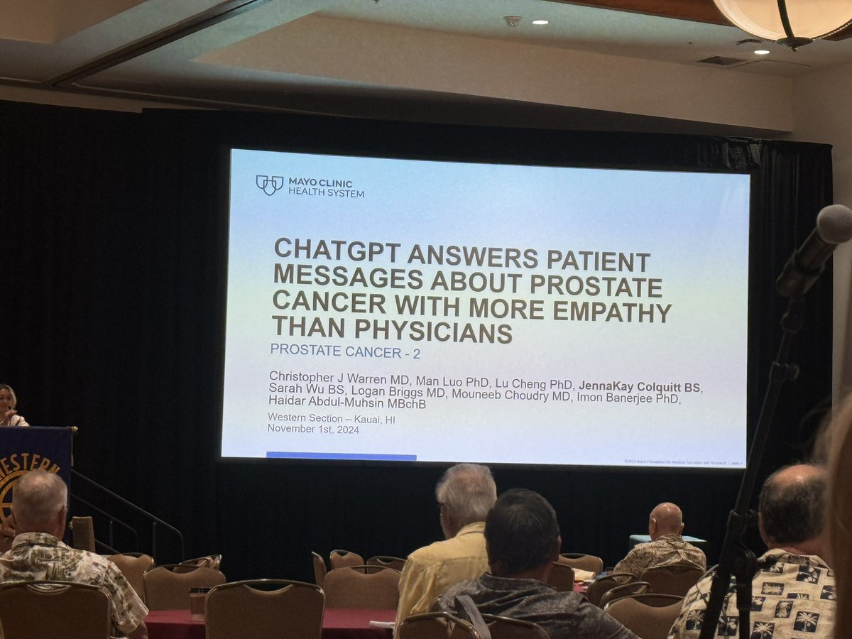 Haidar Abdul-Muhsin (@h_abdulmuhsin) on Twitter photo JennaKay Colquitt answering the question: is a LLM more empathetic than provider in answering patient portal messaging <a href="/auawest/">Western Section AUA</a> … Potential to improve patient-doctor relationship and alleviate burnout <a href="/MayoUrology/">Mayo Clinic Urology</a> <a href="/ImonBanerjee6/">Imon Banerjee</a> <a href="/CjWarren_MayoAZ/">Christopher J. Warren, M.D.</a> JennaKay Colquitt answering the question: is a LLM more empathetic than provider in answering patient portal messaging <a href="/auawest/">Western Section AUA</a> … Potential to improve patient-doctor relationship and alleviate burnout <a href="/MayoUrology/">Mayo Clinic Urology</a> <a href="/ImonBanerjee6/">Imon Banerjee</a> <a href="/CjWarren_MayoAZ/">Christopher J. Warren, M.D.</a>