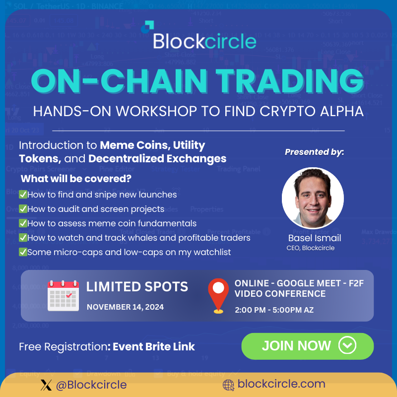BaselIsmail's tweet image. I am hosting a free online 3-hour Hands-On Crypto Trading workshop on Nov 14, 2024, at 5:00 PM EST.

Sign up here: eventbrite.com/e/introduction…!

It&apos;s the perfect opportunity to have your questions answered face-to-face via Google Meet.

We will cover the full spectrum of on-chain…