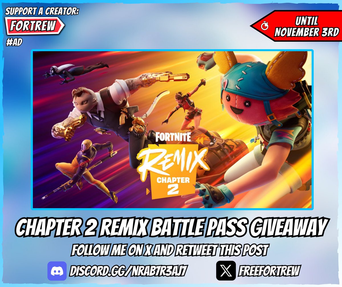 Chapter 2 Remix Battle Pass Giveaway

• Follow me on X (<a href="/freefortrew/">Free FN Rewards</a>)
• Retweet this post

📅 Ends on November 3rd.

Good luck🤗