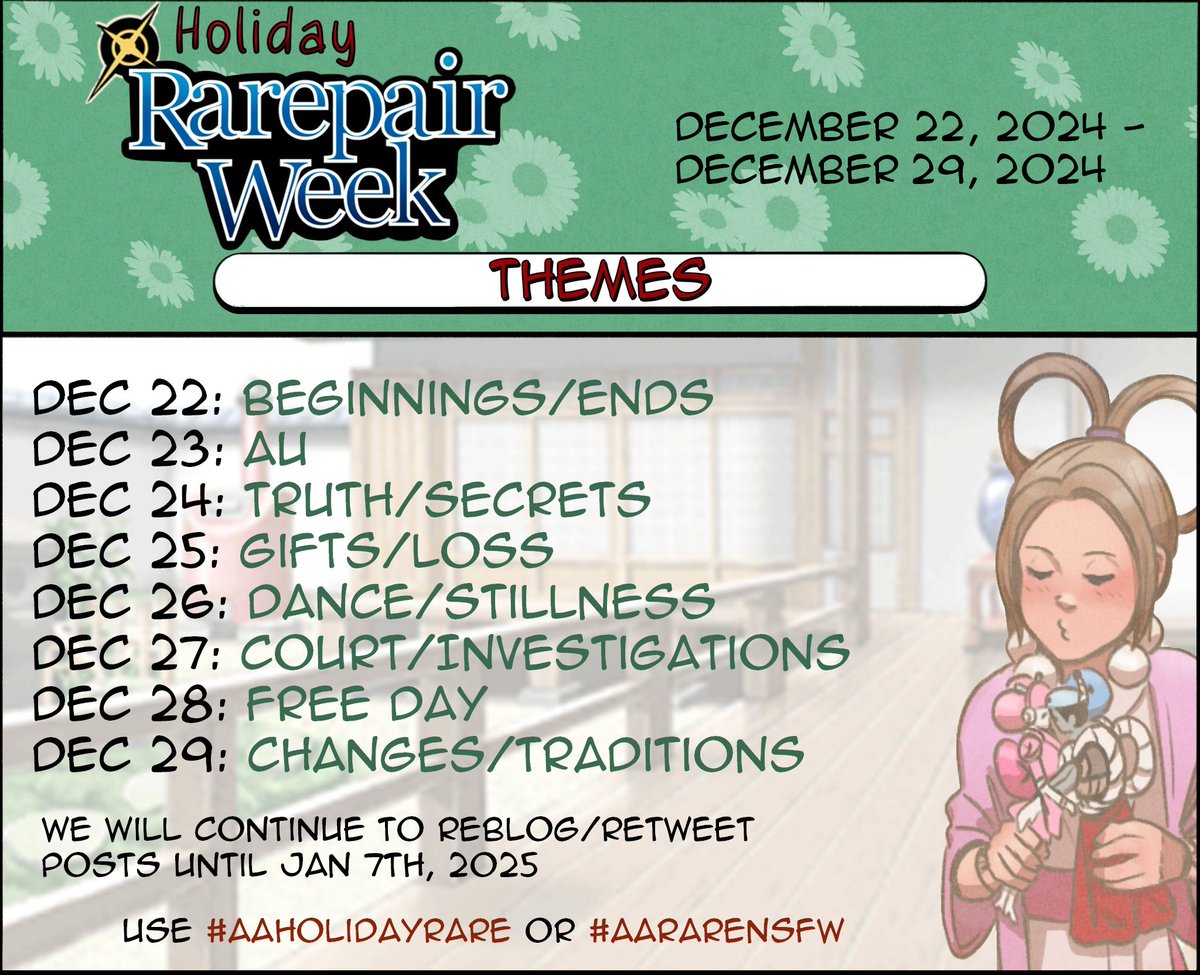 Official post of this year's excluded pairs + schedule/prompts.  Reminder to check our info doc for further details.  Feel free to follow our tumblr as well, at aaholidayrare.tumblr.com !