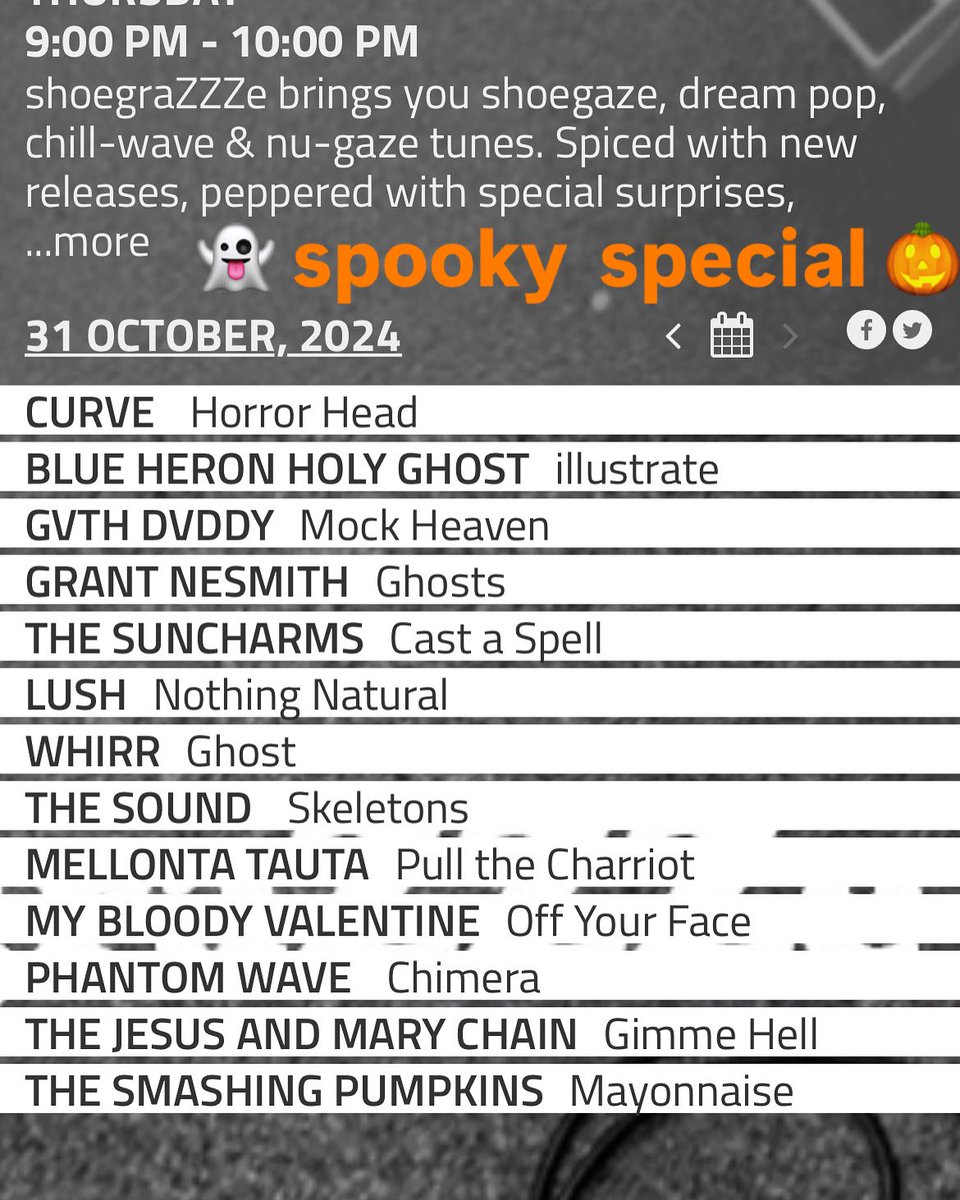shoegrazzze's tweet image. Thanks to everyone who recommended songs for our #spookyspecial in this ep of @shoegrazzze - loads of great songs 🎃👻🖤☠️🔥 💀 

A mix of classics &amp;amp; new tunes to stay in the spooky season. 🎶

Listen in #ondemand @digital_zed 
Also available in @mixcloud mixcloud.com/thefaceradiobk