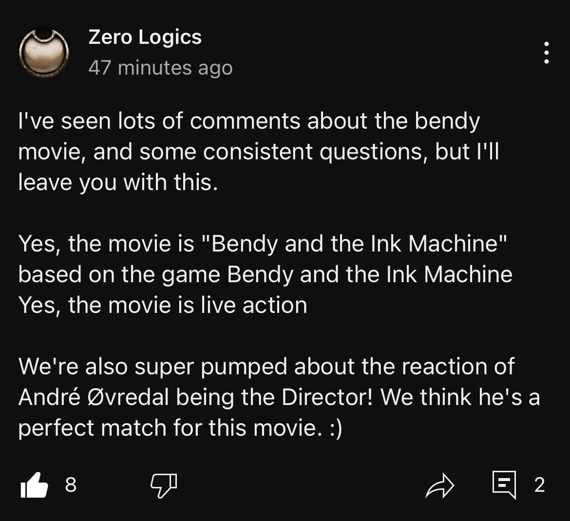 InkyBendyNews's tweet photo. Mike D. also confirmed the #BENDYMOVIE will be an adaptation of Bendy and the Ink Machine in particular and will be live action!
#BENDY #BATIM #BATDR https://t.co/GNER3MCgiT