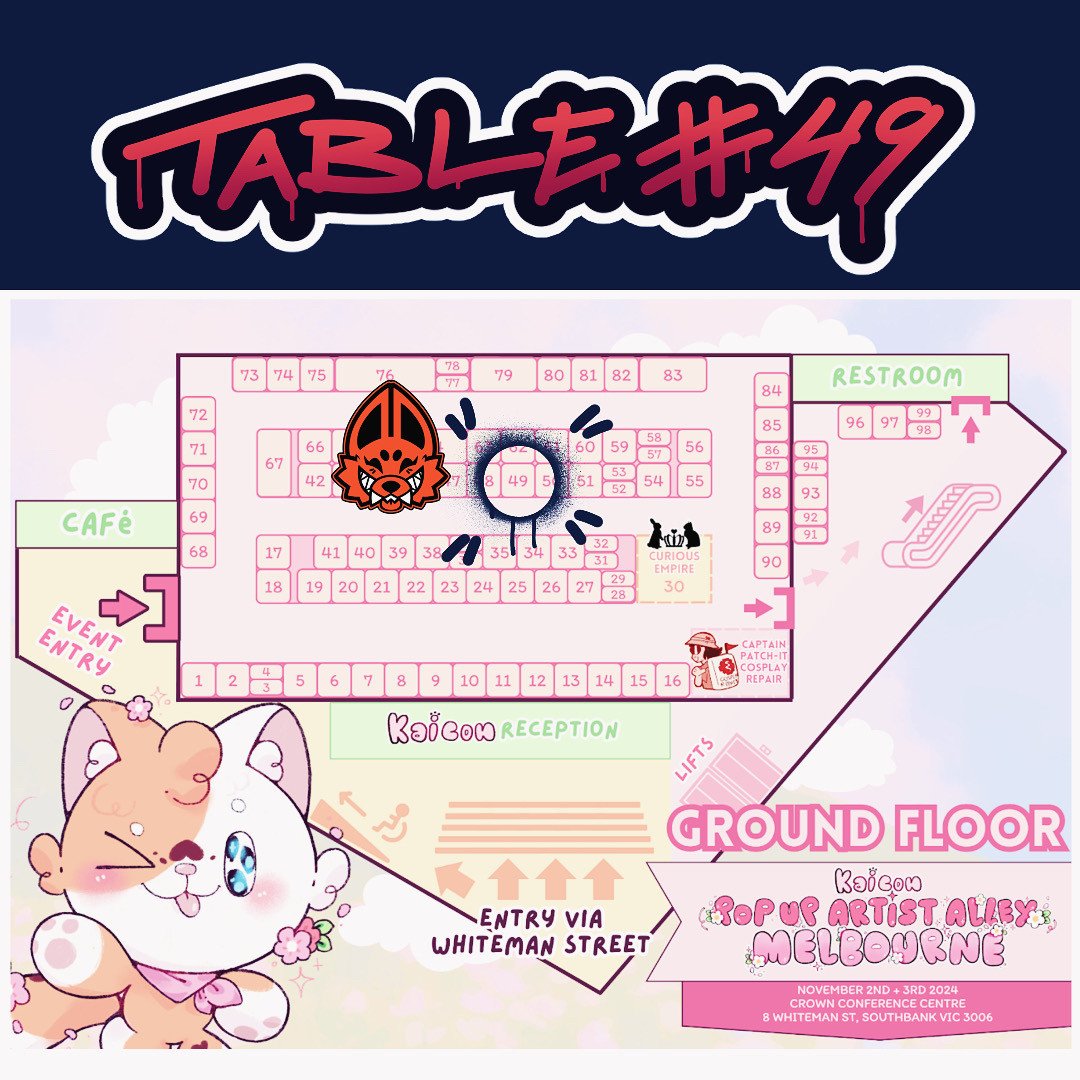 WerewolfRi0t's tweet photo. I will be at Kaicon Melbourne this weekend at table #49 on the ground level! This will most likely be my last con for the year AND until 2026 (unless I can get my act together and learn how to manage a full time job with cons/market prep). https://t.co/lXn24mEFkg