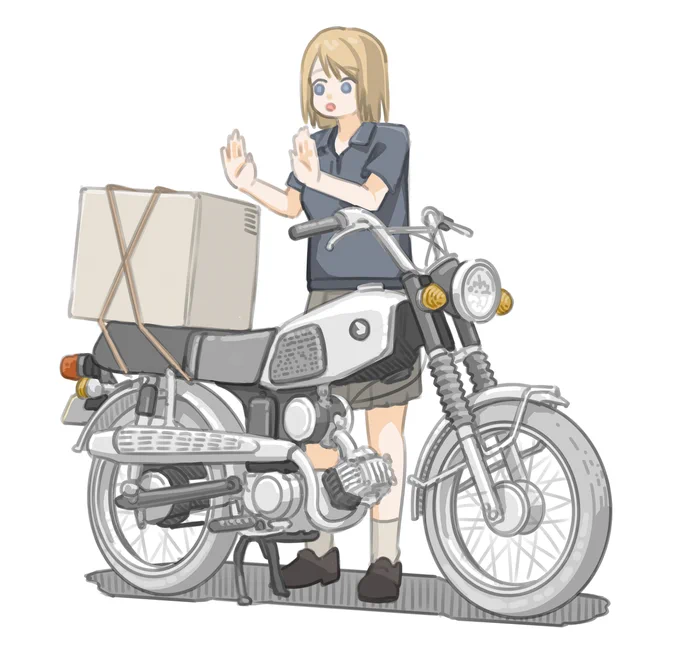 荷造りしたミニ冷蔵庫が崩れないか心配な女子です。(ホンダ ベンリィCL90)【再掲】#バイクJK#イラスト 