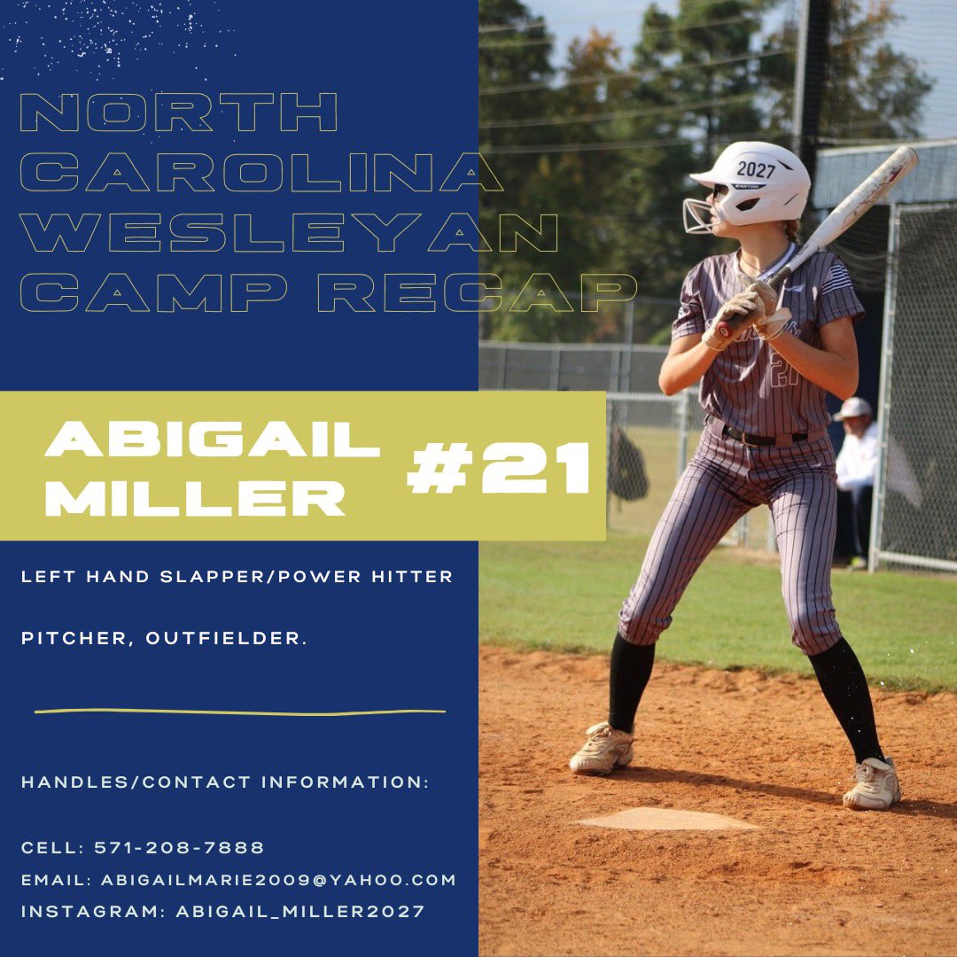 abigail miller (@abbymiller2027) on Twitter photo Had an amazing time at <a href="/NC_Wesleyan_SB/">N.C. Wesleyan Softball</a> last weekend. Thank you Coach Booth for hosting us, and for the campus tour! Had an amazing time at <a href="/NC_Wesleyan_SB/">N.C. Wesleyan Softball</a> last weekend. Thank you Coach Booth for hosting us, and for the campus tour!