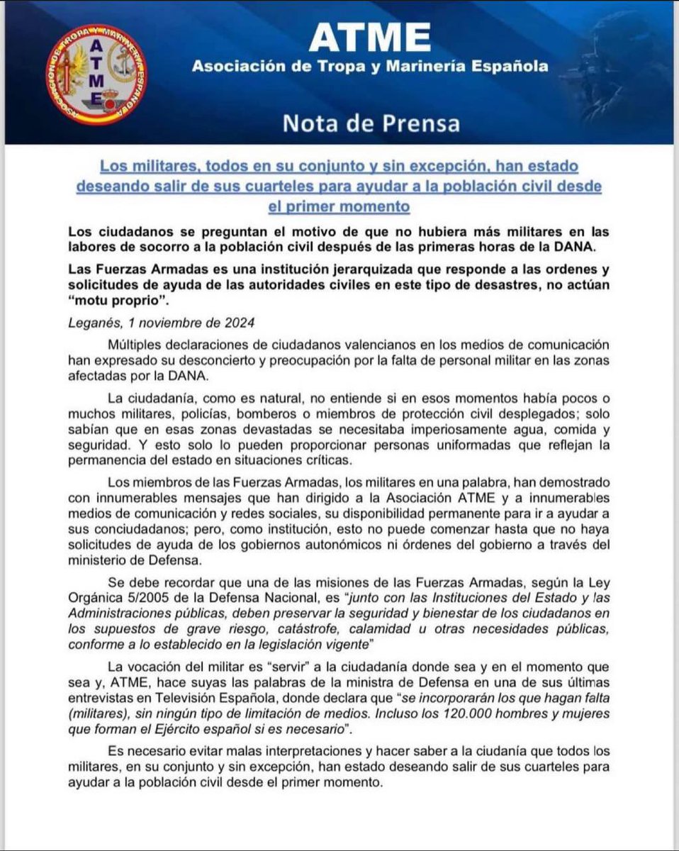 DesextionAI's tweet photo. Para todos los que se pregunten por qué los militares han tardado tanto en responder ante la Dana en Valencia, la respuesta es simple no recibieron orden directa de actuación del gobierno. Esto es una verguenza. https://t.co/mUHopDiPiA
