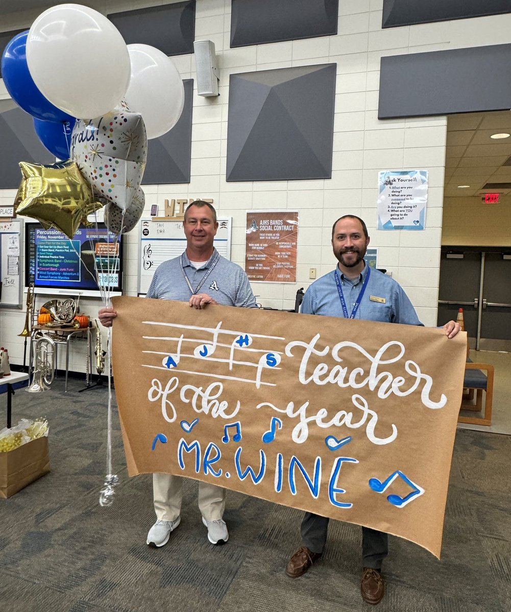 CONGRATULATIONS🍎🎉: Joshua Wine has been named the Teacher of the Year at Auburn Junior High School!
•
Mr. Wine is currently the Director of Bands and Chair of the Fine Arts Department at AJHS, where he conducts and oversees three concert bands, a percussion methods class, a