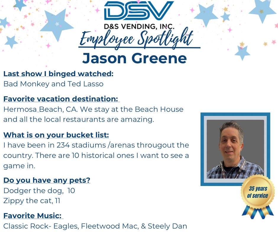 The President of D&amp;S Vending, Inc. celebrated his 35th Work Anniversary today! Jason's exceptional customer service and sales knowledge is an invaluable part of continuing his dad's legacy as we approach our 60th anniversary in business. Cheers to 35 years!!  🎉