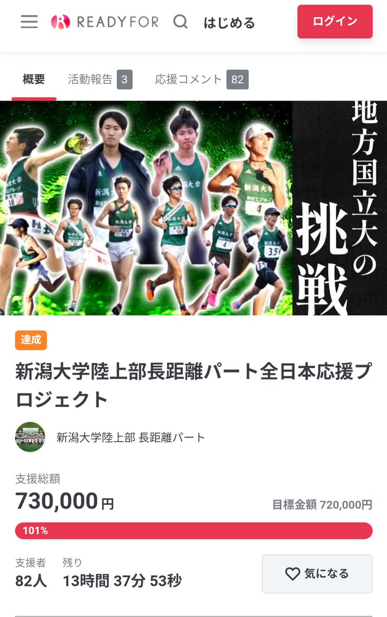 Niigata_LD's tweet photo. 《御礼》

お陰様でALLを達成することが出来ました！！！😭😭😭😭
ご支援や拡散のご協力をしてくださった皆様には大変感謝申し上げます🙇
応援してくださる皆様の為に、明日は全身全霊の『挑戦』をお届けします！🏃💨
当日の応援もよろしくお願いします！🔥

#全日本大学駅伝
#クラウドファンディング https://t.co/1ivQiuezkT