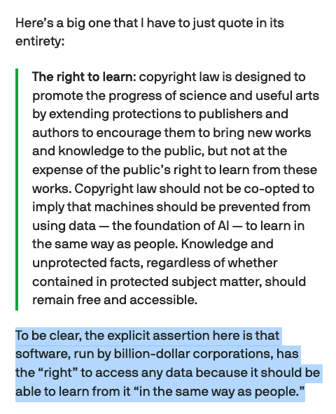 ednewtonrex's tweet photo. This is a very good takedown by TechCrunch of the claim today from Microsoft &amp; a16z that machines should have 'the right to learn'. Recommend reading the whole article. https://t.co/ipDQo6FpQE