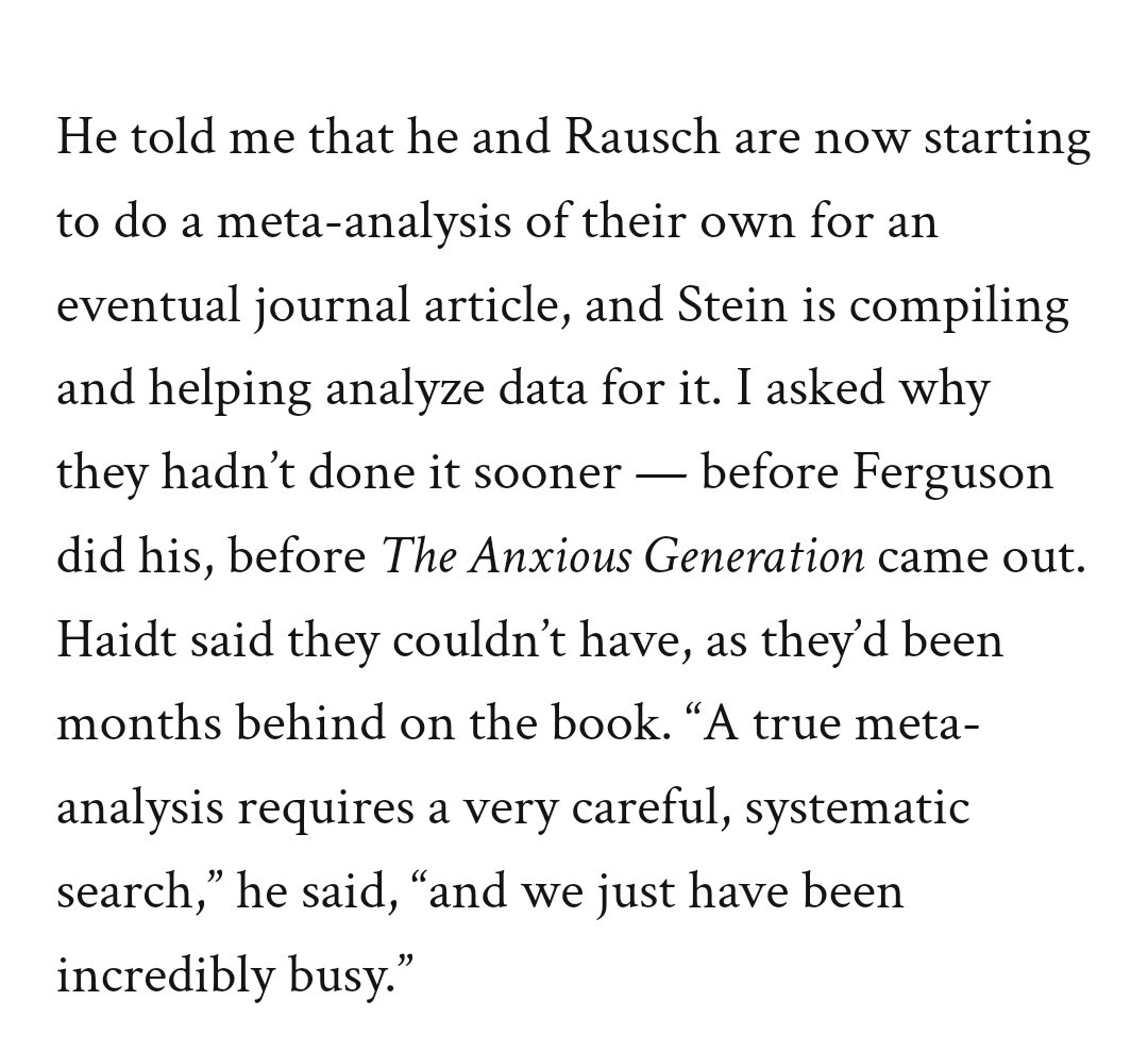 Health Nerd (@gidmk) on Twitter photo I found this particular admission startling. They were too busy getting the Anxious Generation out - the book that is even now being used to drive policy worldwide - to do the basic scientific analysis needed to show that the book's claims are true.
Wild. I found this particular admission startling. They were too busy getting the Anxious Generation out - the book that is even now being used to drive policy worldwide - to do the basic scientific analysis needed to show that the book's claims are true.
Wild.