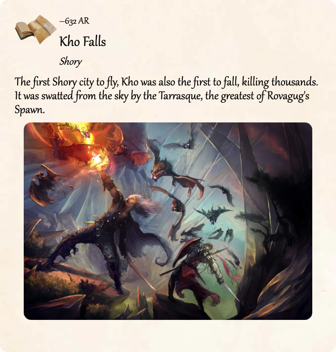 GolarionToday's tweet photo. –632 AR: Kho Falls
#Shory #Kho #Tarrasque #Rovagug
https://t.co/3s4biskWtC
The first Shory city to fly, Kho was also the first to fall, killing thousands. It was swatted from the sky by the Tarrasque, the greatest of Rovagug's Spawn. https://t.co/JoLkdMbAp1