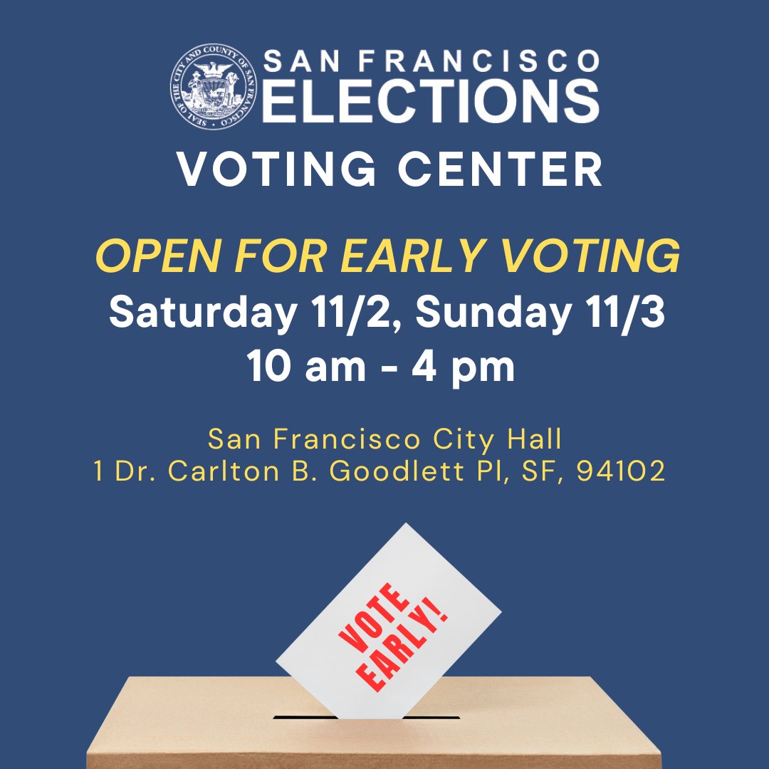 It's the last weekend before the November 5th Election, and the City and County of San Francisco <a href="/sfelections/">SF Elections</a> Voting Center will be open this weekend. 

Get ahead of the crowds and vote early!🗳️

#sfgov #SFElections #voteSF <a href="/sfgov/">City of San Francisco</a> #Election2024