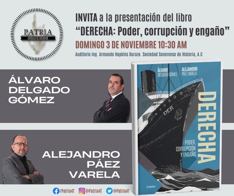 patria4t's tweet photo. El domingo 3 de noviembre 10:30 am en la sociedad sonorense de historia con @alvaro_delgado &amp; @paezvarela 📚
¡Estará bien rifado 💕! https://t.co/2JlMFg4Klh