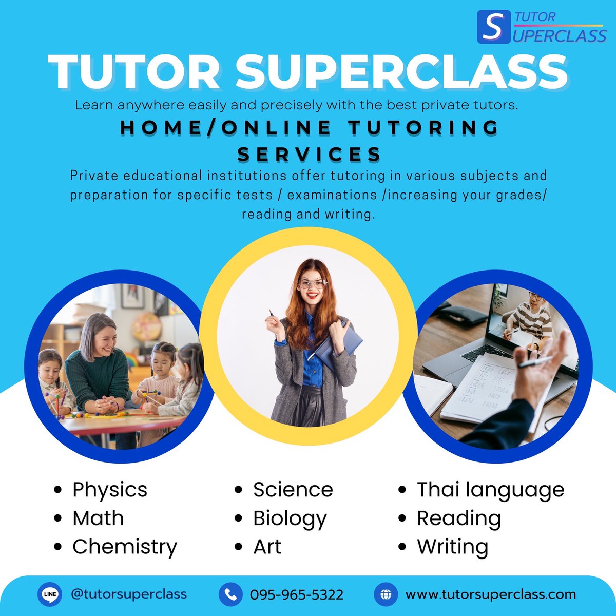 TutorSuperclass's tweet photo. TutorSuperclass (HOME/online tutoring services)
Learn anywhere easily and precisely with the best private tutors. 
Contact
LINE ID: @tutorsuperclass 
https://t.co/nrLXwlJ0jv 

#thai #thailanguage #Chinese #Japanese  #English #Korean #learnthai #studythai #thailand #bangkok #Tutor https://t.co/AskWeHL5C8