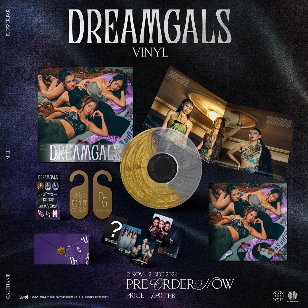 Superb_Records's tweet photo. *Pre-Order “DREAMGALS VINYL”*

- 1LP GLITTER GOLD / CLEAR SPLIT VINYL 
- PHOTOBOOK (1 EA)
- ENVELOPE (1 EA)
- PHOTOCARD (RANDOM 1 OF 4)
- DOOR HANGER (1 EA)
- STICKER (1 EA)

📍แผ่นละ 1,690 บาท  ค่าจัดส่ง 100 บาท

สามารถสั่งซื้อได้ตั้งแต่
วันที่ 2 พฤศจิกายน ถึง 2 ธันวาคม 2024 https://t.co/jwo3JLjuc7