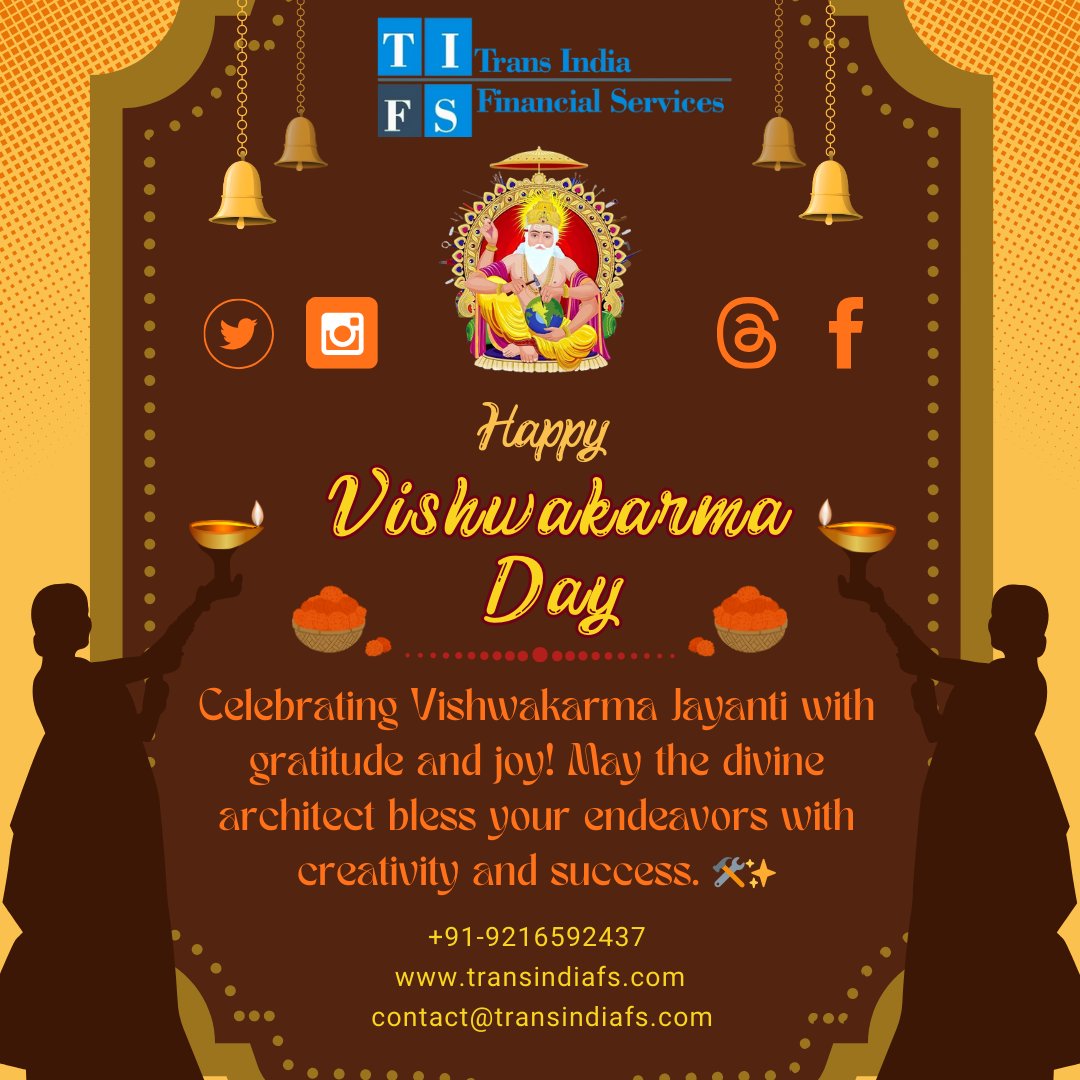 transindiafs's tweet image. Celebrating Vishwakarma Jayanti with gratitude and joy! May the divine architect bless your endeavours with creativity and success. 🛠️✨

#HappyVishwakarma #TransIndiaFinancialServices #CreativityAndSuccess #Blessings #VishwakarmaJayanti