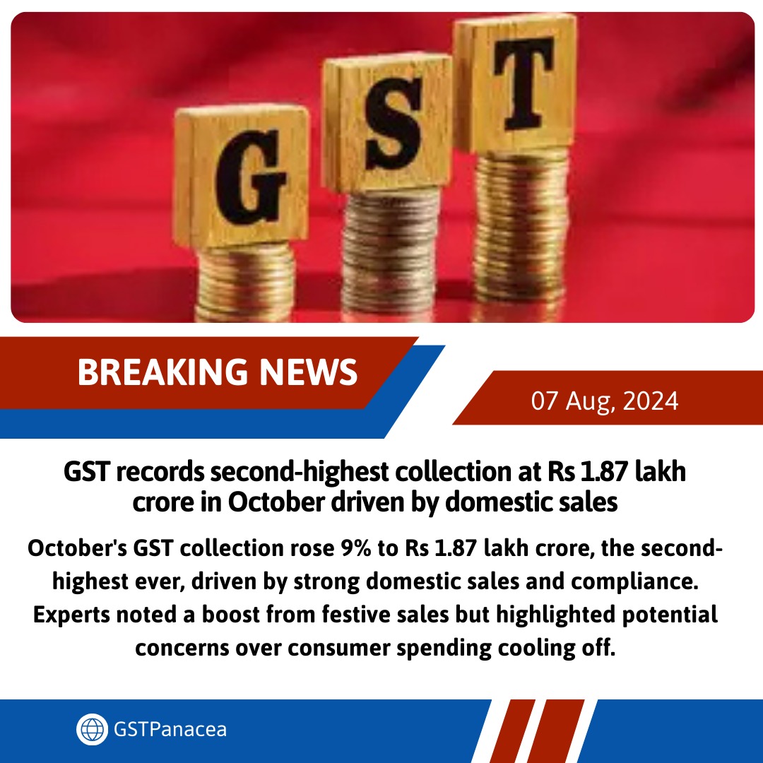 abhishekrajaram's tweet photo. GST records second-highest collection at Rs 1.87 lakh crore in October driven by domestic sales

#GST #TaxCollection #Economy #FestiveBoost #TeamGstPanacea https://t.co/fVAbxh1TJm