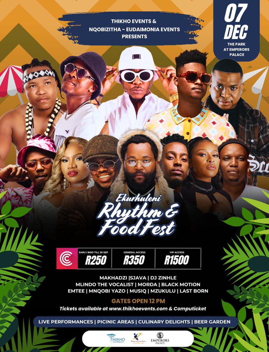 ah_donepifiano's tweet photo. Saturday, 7th of Dec, music and good vibes! 🎉 Mark the date and get ready for legends like Emtee on stage. Get your tickets ASAP at https://t.co/IHCw8xDVEt, https://t.co/AlrZa4UVNs, Shoprite or Checkers!
#EkurhuleniRhythmAndFoodFest #ThikhoEvents #NqobizithaEudaimoniaEvents https://t.co/BHrLJVgs3q