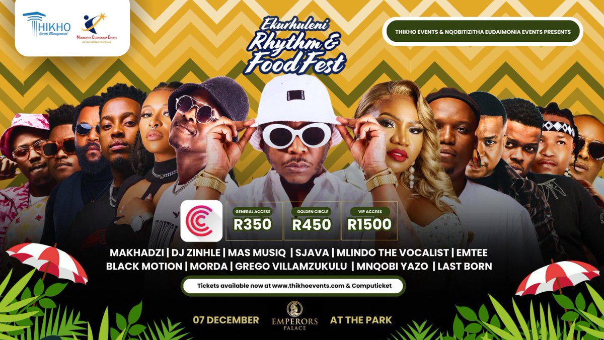 ah_donepifiano's tweet photo. Saturday, 7th of Dec, music and good vibes! 🎉 Mark the date and get ready for legends like Emtee on stage. Get your tickets ASAP at https://t.co/IHCw8xDVEt, https://t.co/AlrZa4UVNs, Shoprite or Checkers!
#EkurhuleniRhythmAndFoodFest #ThikhoEvents #NqobizithaEudaimoniaEvents https://t.co/BHrLJVgs3q