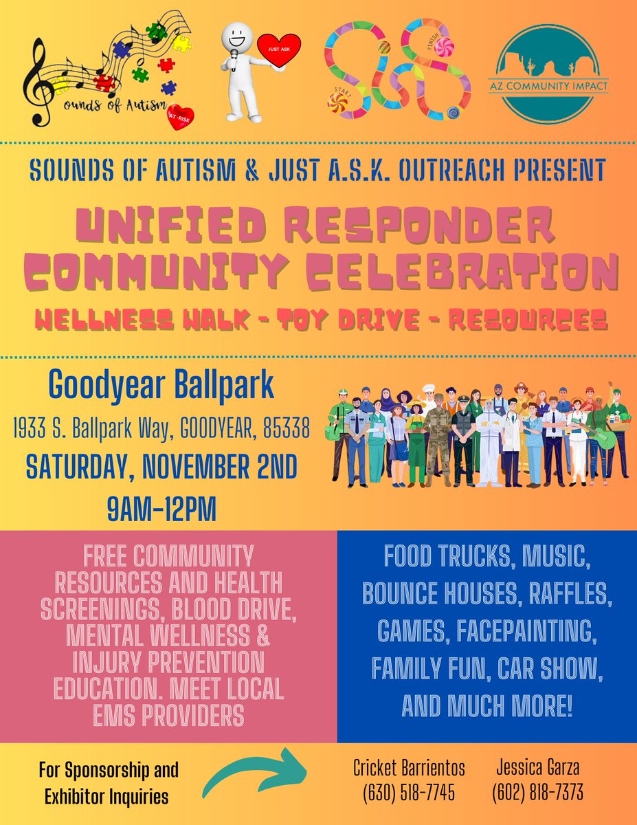 RonAzRealtor's tweet image. UNIFIED RESPONDER COMMUNITY Celebration at Goodyear Ballpark, AZ from 9am - 12pm! This family-friendly, Candyland-themed event promises fun, connection, and purpose as we gather to support the Autism population and at-risk communities