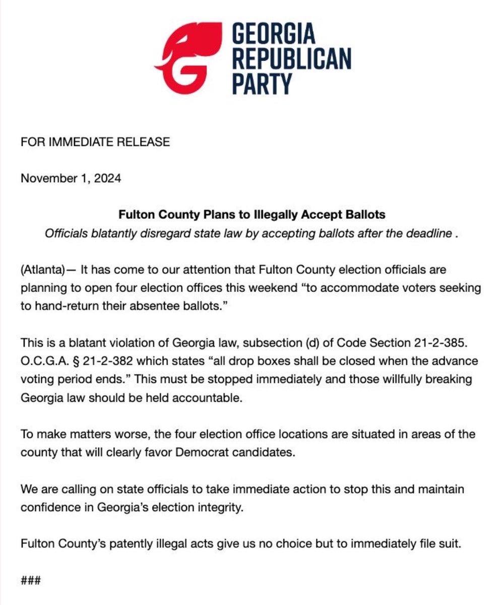 nicksortor's tweet photo. 🚨 #BREAKING: The Trump campaign is SUING the liberal stronghold of Fulton County, Georgia for BLATANTLY disregarding state law, and accepting ballots after the deadline

THIS IS THE WAY! 🔥

We’re NOT letting the Democrats steamroll us with shenanigans this time around.

We WILL win this fight.

DO NOT SURRENDER!