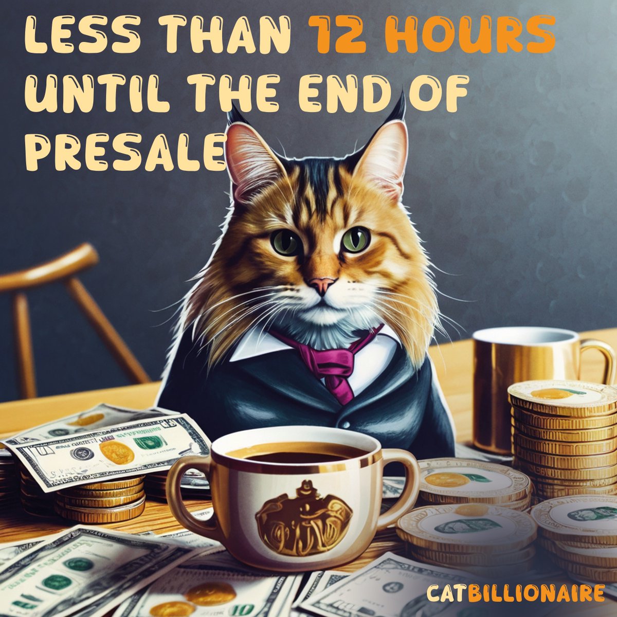 There are 12 hours left until the end of our presale. Who is ready to be a billionaire? Join CatBillionaire. #meme #defi #pinksale #presale #binance #CoinMarketCap #CoinGecko