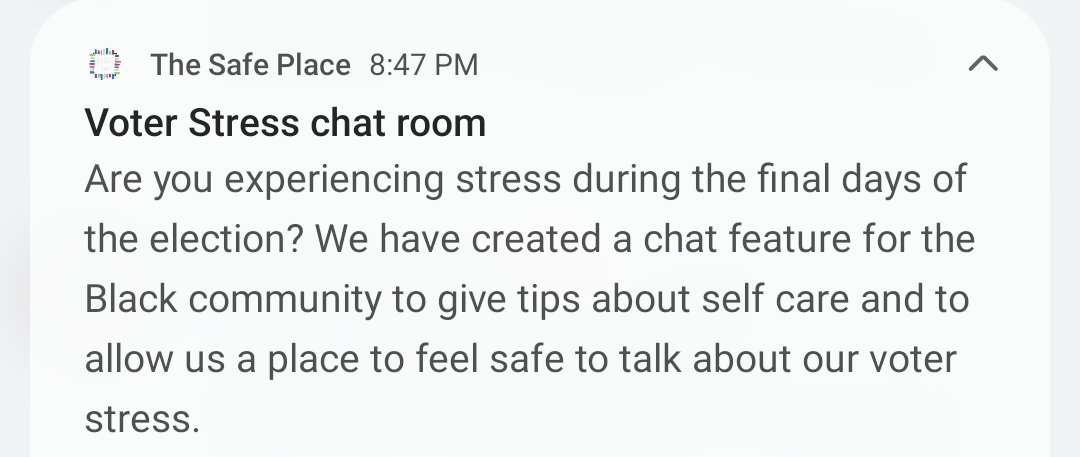 Are you a Black man or Woman  experiencing stress about the upcoming election? #Thesafeplaceapp is a free mental health app that teaches how racism impacts the mental health of Black people. We've created a temporary chat feature for support. Download The Safe Place App to access
