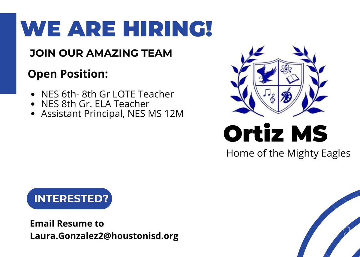 Ortiz Middle School (@hisd_ortizms) on Twitter photo 📣Ortiz MS is hiring! Join our incredible team and make a difference every day. Apply today to be part of something amazing! Email your resume to Laura.Gonzalez2@houstonisd.org. 💙💛🦅 #SoaringfortheGold @HISDRecruiter <a href="/HoustonISD/">Houston ISD</a> @HISDChoice 📣Ortiz MS is hiring! Join our incredible team and make a difference every day. Apply today to be part of something amazing! Email your resume to Laura.Gonzalez2@houstonisd.org. 💙💛🦅 #SoaringfortheGold @HISDRecruiter <a href="/HoustonISD/">Houston ISD</a> @HISDChoice