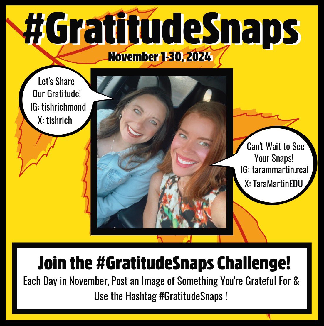 TaraMartinEDU's tweet image. Hope you will join us for the annual #GratitudeSnaps Challenge!
Let’s flood the 🌎 with some appreciation!!

It’s easy—
November 1-30, 2024
1) Share a pic of something you’re grateful for &amp;amp; why.
2) Use #GratitudeSnaps &amp;amp; tag us!

#BookSnaps #tlap #RealEdu #MLmagical