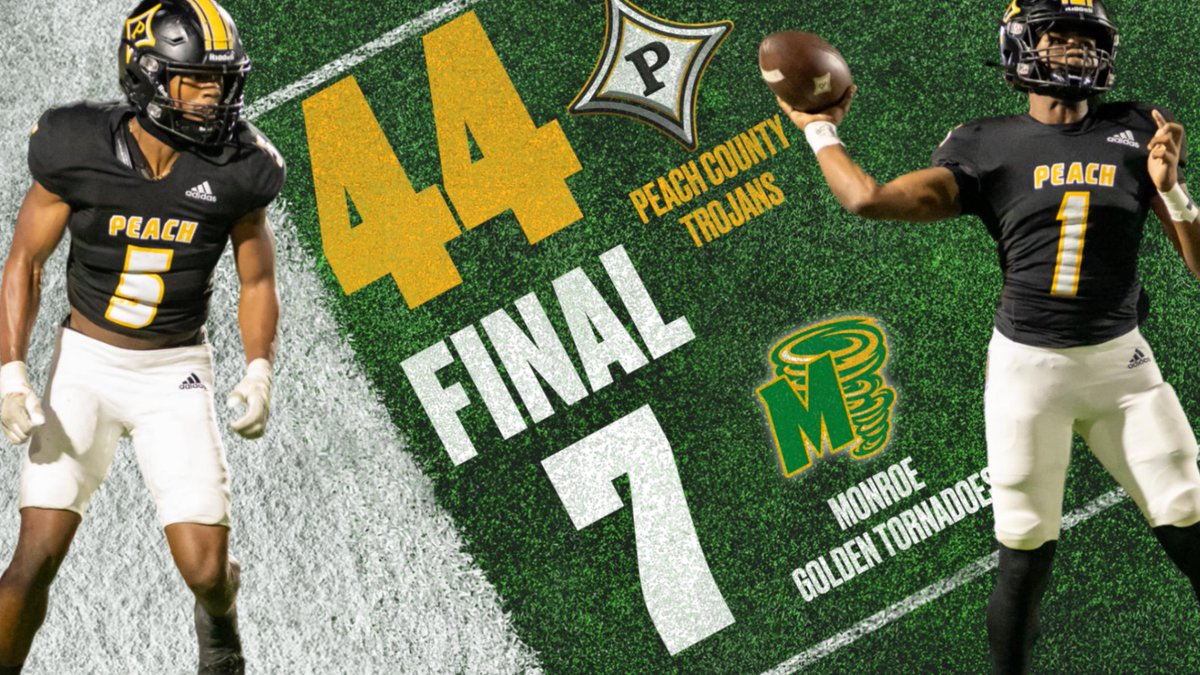 FINAL:  The Peach County Trojans concluded the regular season with a 9-1 record after dismantling the Monroe Golden Tornadoes tonight 44-7.  The Trojans will be open next Friday but will begin the State Playoffs at home on Friday, November 15.