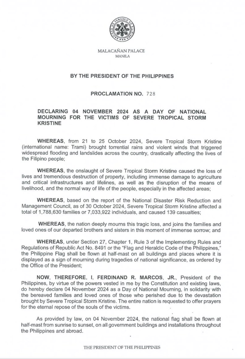 newswatchplusph's tweet photo. READ: Malacañan Palace declares Nov. 4, 2024 (Monday) as National Day of Mourning for victims of the deadly severe tropical storm Kristine. 

On this day, the Philippine flag will be flown at half-mast on all public buildings where it is displayed. https://t.co/Lg6Ex8LvNR