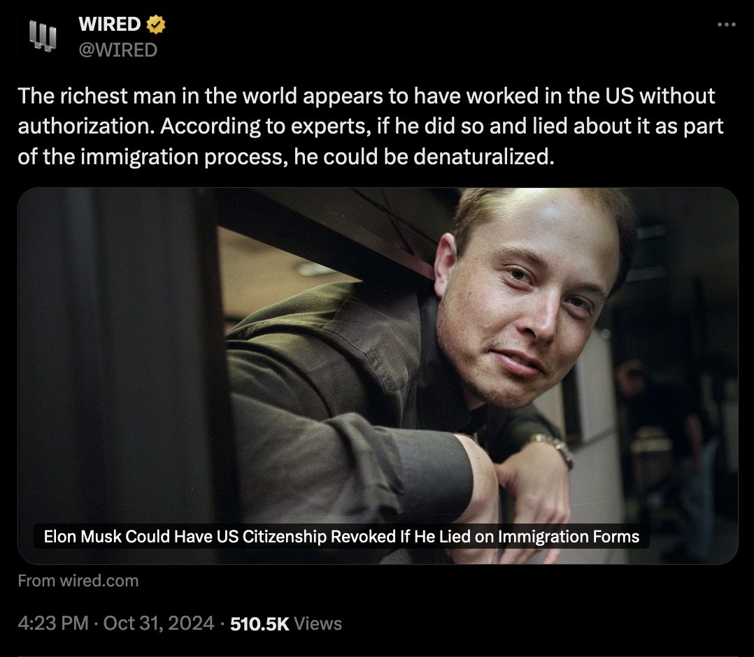 I wish major news outlets did the sort of journalism WIRED does.

We gave Elon Musk the opportunity to live here, to become a citizen, and to become incredibly wealthy. Elon's net worth is now 1/500th of the entire net worth of the United States.

Now he's working to destroy us.